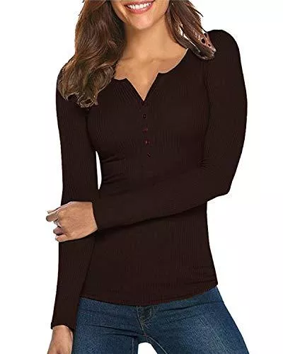 Hiistandd Langarmshirts Damen Shirt Langarm V-Ausschnitt Basic Oberteile Button Casual Pullover Einfarbig Langarmshirt