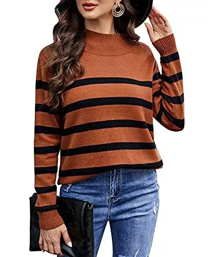 LIOFOER Pullover & Strickmode LIOFOER Damen High Neck Striped Stitching Pullover Herbst Winter Langarm Pullover