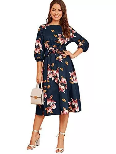 DIDK Cocktail DIDK Damen Floral Kleider Elastischer Taille Partykleid Blumen Midikleid 3/4 Arm Kleid mit Gürtel