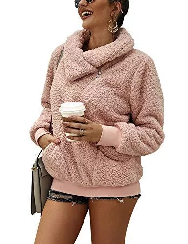 Rapbin Pullover & Strickmode Rapbin Teddy Fleece Pullover, Teddyfleece Damen Pullover, Hoodie Teddy Fleece Pulli, Sweatshirt Damen Winter Warm Oberteil Langarm Einfarbig Casual Sweatshirt