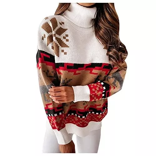 BIKETAFUWY Pullover & Strickmode BIKETAFUWY Weihnachtspullover Damen Lustig Strickpullover Weihnachtspulli Elk Schneeflocken Weihnachten Pullover Strick Tops Christmas Sweater Oversized Oberteile