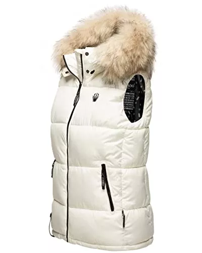 MARIKOO Westen MARIKOO Damen Steppweste Winter-Weste mit Abnehmbarer Kunstfell-Kapuze Eisflöckchen XS-XXL