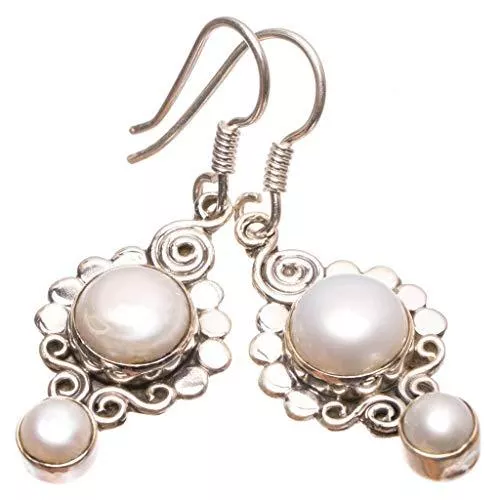 StarGems Schmuck StarGems 925er Sterling Silber Pearl Einzigartig Handgefertigt Ohrringe 3,81cm Beige S1689