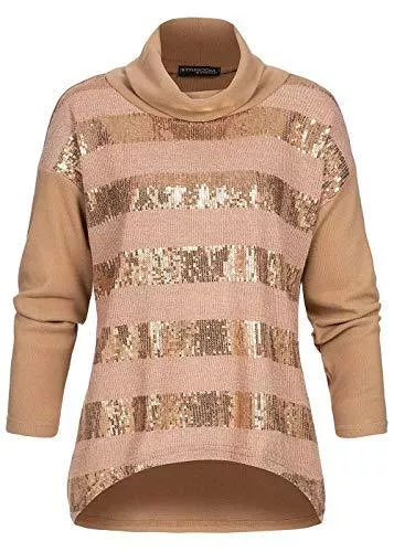 Styleboom Fashion® Pullover & Strickmode Styleboom Fashion® Damen Rollkragen Pullover Pailletten Streifen Nude beige