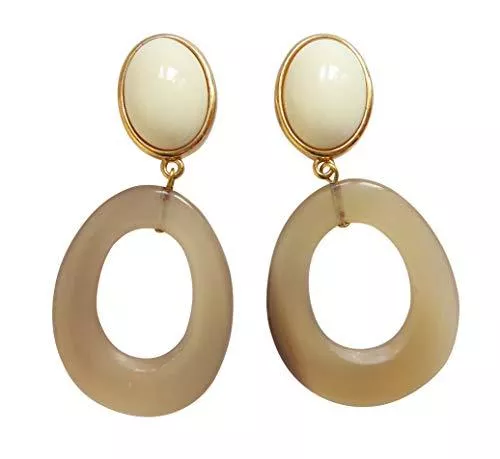 Mugello Schmuck Leichte sehr große Ohr-Clips vergoldet Stein elfenbein-farben Anhänger Horn beige Geschenk Geburtstag klassisch edel Trend elegant Designer JUSTWIN