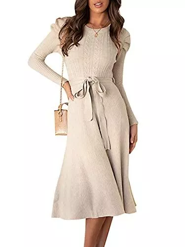FEOYA Freizeit FEOYA Damen Pullover Lang Pulloverkleider V-Ausschnitt Winterkleid Herbst Kleider Elegant Strickkleid Abendkleider Businesskleid Brautkleid Wickelkleid-S-XXL