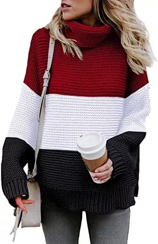 QAKEHU Pullover & Strickmode QAKEHU Langarm Damen Strickpullover Oversize Pullover Grobstrickpullover Sweatshirt Langarmshirt Rollkragen Casual Winter Kleid Übergroß Top S-XXL