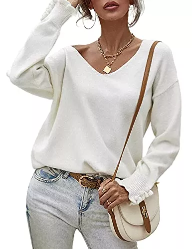HESUUIO Pullover & Strickmode HESUUIO Strickpullover Damen Oversize Pullover Damen Schulterfrei Oberteil Damen V Ausschnitt Langarm Tunika Lockere Strickpulli Casual Oberteile Tops
