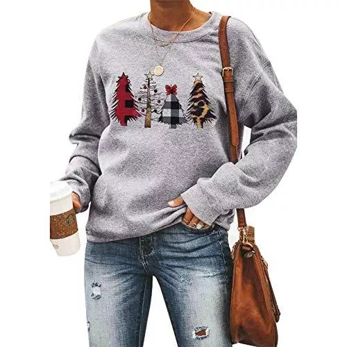 LICHENGTAI Pullover & Strickmode LICHENGTAI Damen Weihnachten Sweatshirt Winter Langarmshirt Weihnachtspullover mit Weihnachtsbaum gedruckt Xmas Outfit, Grau