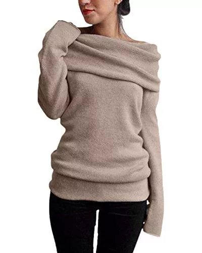 Style Dome Pullover & Strickmode Style Dome Pullover Damen Trägerlose Tunika Dünne Strickpullover Langarm Off Shoulder Oberteile