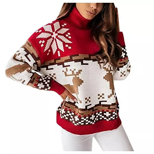 BIKETAFUWY Pullover & Strickmode BIKETAFUWY Weihnachtspullover Damen Lustig Strickpullover Weihnachtspulli Elk Schneeflocken Weihnachten Pullover Strick Tops Christmas Sweater Oversized Oberteile