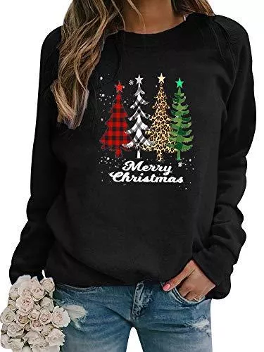 Dresswel Pullover & Strickmode Dresswel Damen Weihnachtspullover Merry Christmas Sweatshirt Weihnachtsbaum Druck Xmas Pullover Langarmshirt Bluse