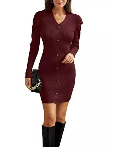 GRACE KARIN Freizeit GRACE KARIN Stricken Pullover Langarm V-Ausschnitt Strickkleid Slim Fit Etuikleid Einfarbig Knopfleiste Kleid mit Puffärmel CL0548A21