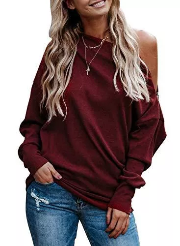 Dokotoo Langarmshirts Dokotoo Damen Lose Schulterfrei Langarmshirt Oversize Pullover Casual Sexy Sweatshirt Longshirt S-2XL