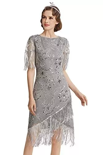 BABEYOND Freizeit BABEYOND Damen 1920s Kleid Runder Ausschnitt Kurz Ärmel Fransen Flapper Charleston Kleid 20er Jahre Paillettenkleider Great Gatsby Cocktail Party Damen Fasching Kostüm Kleid