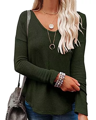 NONSAR Pullover & Strickmode NONSAR Damen Waffel Strickpullover V-Ausschnitt Einfarbige Langarmshirt Lockere Pullover Oberteile Tops
