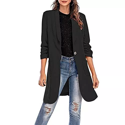 I3CKIZCE Blazer I3CKIZCE Damen Langer Blazer Jacke Revers Einzelne Schnalle Blazer Vorne Offen Leichtes Büro Jacke Plus Size Langer Lässig Anzug Herbst Boyfriend Übergröße Blazer S-XXL