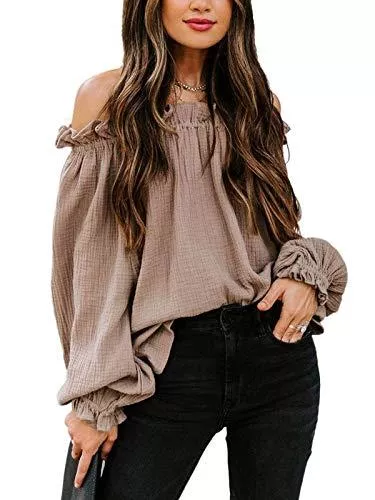 Maavoki Langarmblusen Maavoki Damen Off Shoulder Oberteil mit LaternenäRmel, Loose Pullover Blusen Schulterfrei Langarmshirt, Elegante Einfarbiges Schulterfreie Tunika Tops für Sommer