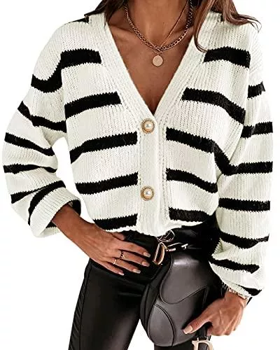 Maxwinee Strickjacken Maxwinee Damen Strickjacke Kurz Gestreift mit Knopfleiste Elegant Cardigan Locker Strickpullover V Ausschnitt