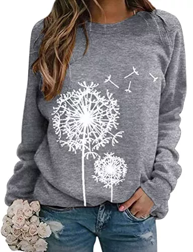 Dresswel Pullover & Strickmode Dresswel Damen Löwenzahn Sweatshirt Langarmshirt Pusteblume Drucken Pullover Herbst Winter Bluse Tops Oberteile