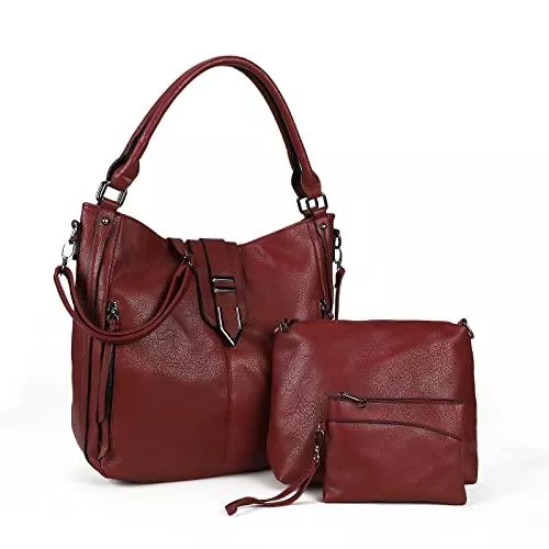 GLADDON MODA Taschen & Rucksäcke Damen Handtasche Henkeltasche Bugatti, Tote Shopper PU Leder Schultertasche, Multi Pocket Viele Fächer Zip Umhängetasche 3-teiliges Set (Rot)