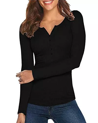 Hiistandd Langarmshirts Damen Shirt Langarm V-Ausschnitt Basic Oberteile Button Casual Pullover Einfarbig Langarmshirt