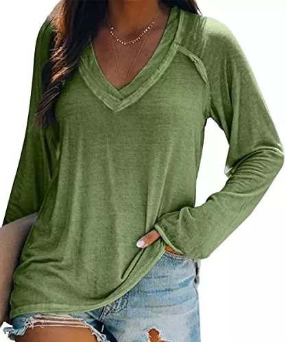 Hiistandd Langarmshirts Damen Shirt Langarm Basic Oberteile Button Casual Pullover Einfarbig V-Ausschnitt Langarmshirt