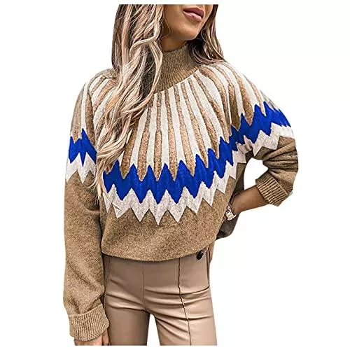 QEERT Pullover & Strickmode QEERT Pullover &amp; Strickjacken Für Damen Langarm Stehkragen Retro Prints Pullover Strickpullover Pullover Strickpullover Christmas Sweater