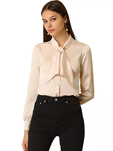 Allegra K Langarmblusen Allegra K Damen Button-Down-Hemden Krawattenkragen Satin Bluse Business Casual Tops