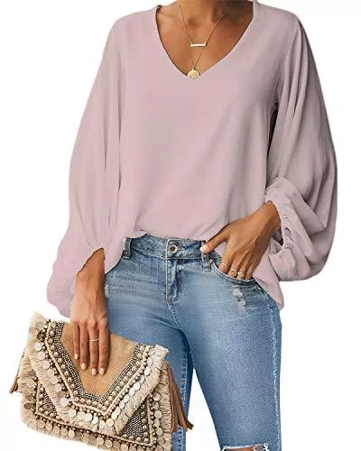 Style Dome Langarmblusen Style Dome Damen Bluse Elegante Laternenärmel Langarmshirt Tunika V-Ausschnitt Oberteile Locker Tops