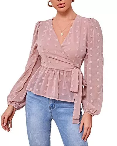 ORANDESIGNE Langarmblusen ORANDESIGNE Damen Elegant Business Tunika Blusen V Ausschnitt Asymmetrisch Shirt Bluse Solide Oberteil mit Trompetenärmeln