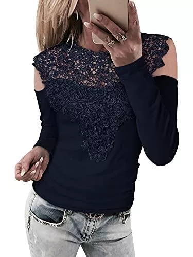 YOINS Blusen & Tuniken YOINS Sexy Schulterfrei Oberteil Damen Langarmshirt Bluse für Damen Spitzenbluse Mode Patchwork Tshirt Bluseshirt Dirndlbluse