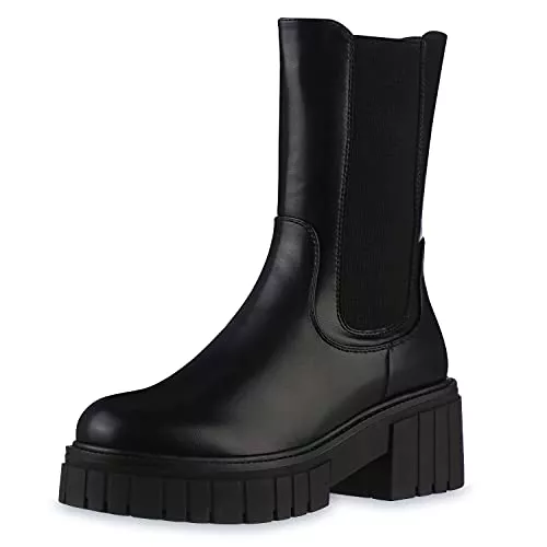 VAN HILL Stiefel VAN HILL Damen Stiefeletten Plateau Boots mit Blockabsatz Profilsohle