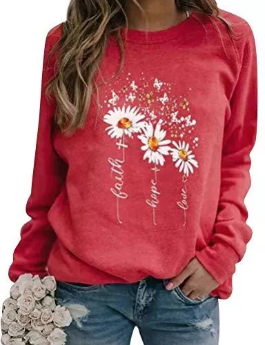 Dresswel Pullover & Strickmode Dresswel Damen Faith Hope Love Sweatshirt Pullover Gänseblümchen Schmetterling Druck Langarmshirt Pulli Bluse Shirts