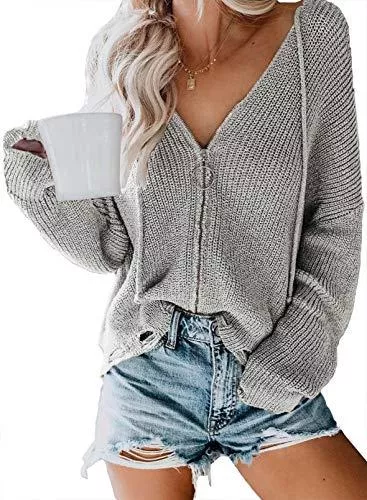Zereesa Pullover & Strickmode Zereesa Damen Sweatshirt V-Auschnitt Langarmshirt Hoodie Strickpullover Sexy Pullover Bluse Oberteile Oversize Tops S-XXL