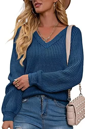 Kapoohott Pullover & Strickmode Kapoohott Damen Strickpullover V Ausschnitt Pullover Casual Langarmshirts Lässiger Pulli Sweatshirt
