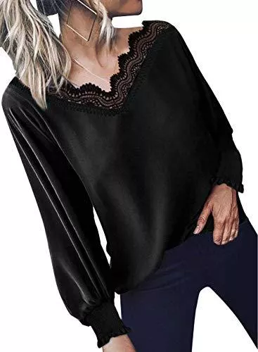 Elegancity Blusen & Tuniken Elegancity Damen Bluse V Ausschnitt mit Spitzen Schick Tunika Mit Laternenärmel Langarmshirt Elegant Hemd Dame Oberteile Blusen Tops S-2XL