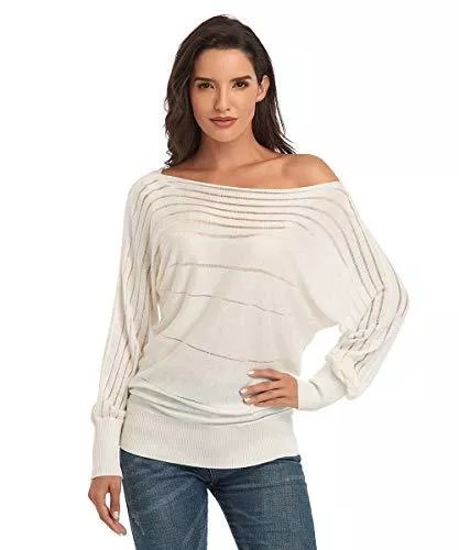 Dilgul Pullover & Strickmode Dilgul Damen Elegant Off Shoulder Pullover Rundhalsausschnitt Fledermausärmel Langarm Loose Schulterfrei Strick Oberteile