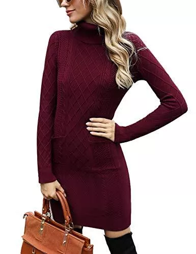Irevial Freizeit Irevial Damen Elegant Strickkleid Rollkragen Langarm Stretch Pullikleid Lang Strickpullover Minikleid Wickelkleid Warme für Winter