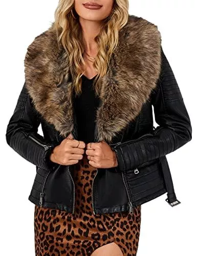 BELLIVERA Jacken BELLIVERA Damen Lederjacke Winter Warm Kurz Moto Bikerjacke Wildleder Mantel mit Abnehmbarem Pelzkragen