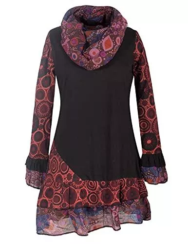 Vishes Freizeit Vishes - Alternative Bekleidung - Damen Langarm Mandala Rüschen-Kleid mit Kapuzenschal