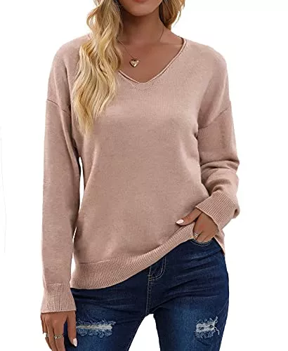 Kapoohott Pullover & Strickmode Kapoohott Damen Pullover Damen Winter Pulli Strickpullover Damen Vintage Sweatshirt Langarm Oberteile Einfarbig Casual V-Ausschnitt