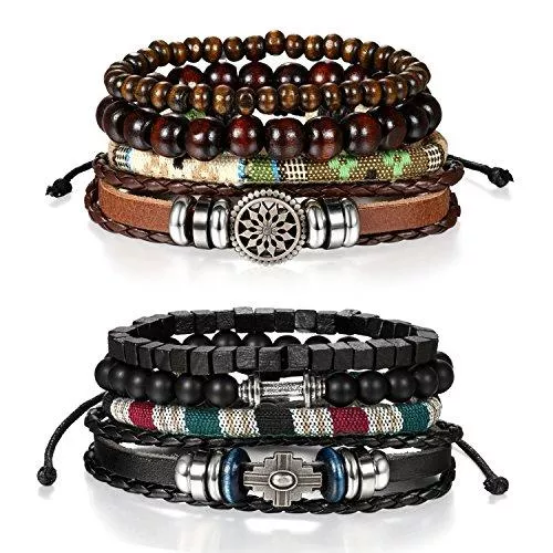 OIDEA Schmuck OIDEA Herren Leder Armband Set (8PCS Punk Rock Stil geflochtene Verstellbar handgefertigt Manschette Kordelkette Armreifen, Legierung, braun schwarz (Set 1)