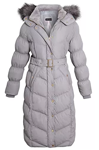 shelikes Mäntel shelikes Damen Wintermantel, Kunstfell, mit Kapuze, mit Gürtel, gesteppt, lang, warm, Parka mit abnehmbarer Kapuze