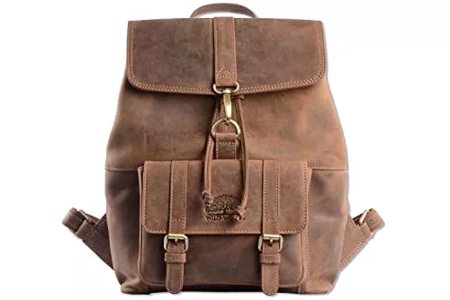 WILD WOODS Taschen & Rucksäcke WILD WOODS - Rucksack Herren Damen Unisex Leder Schulrucksack Fahrradrucksack Laptop Notebook 15,6&quot; Wanderrucksack Lederrucksack Büffelleder Mittelbraun Vintage