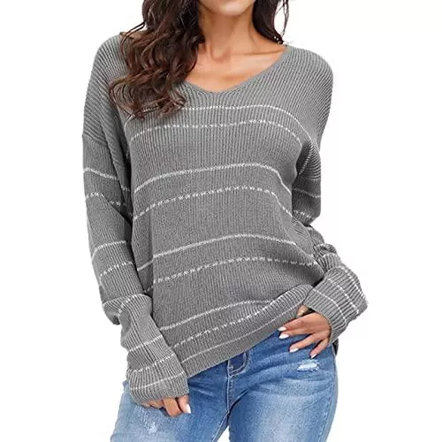 Efair Pullover & Strickmode Pullover Damen V-Neck Striped Strickpullover Loose Sweater Langarm Jumper Winter Pullis Farbblock Sweatshirt Schulterfrei Oversize Strickpulli Casual Oberteile Tops Herbst Winter