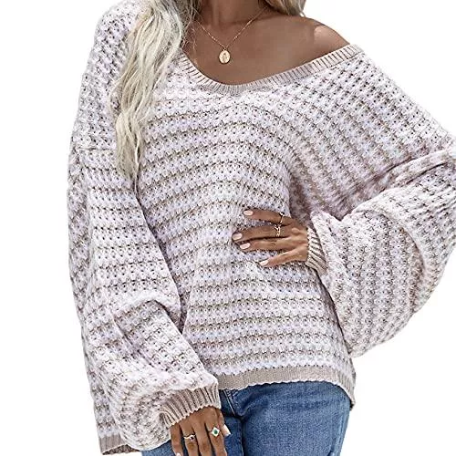 - Pullover & Strickmode Damen Casual V-Ausschnitt Langarm Pullover Rüschen Manschetten Pullover Solid Color Knit Trendy Tops