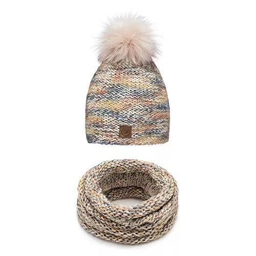 Generic Hüte & Mützen Generic Damen Winter Set in Mellange II Trendige Termo Winter Set Mütze mit Kunstfell Bommel und Loopschal II Schal-Mützen-Kombi (Multicolor)