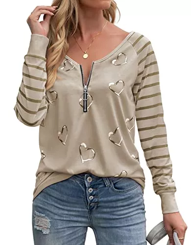Kapoohott Langarmshirts Kapoohott Damen T-Shirt Langarm Elegant Oberteile Casual V-Ausschnitt Shirts Streifen Herzförmig Langarmshirt Bluse Tops mit Reißverschluss