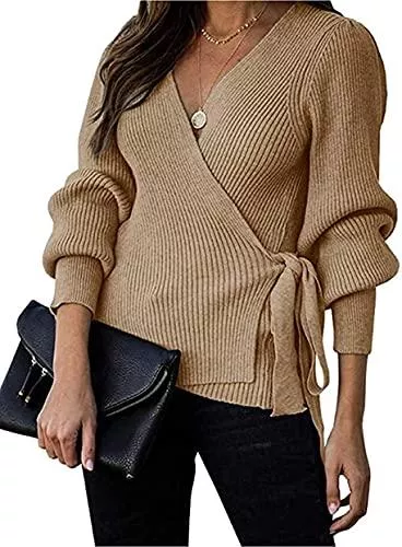 Uusollecy Pullover & Strickmode Uusollecy Damen Pullover, Sexy V-Ausschnitt Wickelpullover, Prinzessin Ärmel Strickjacke, Casual Langarm Outwear Stricken Sweater Strickpullover Mit Gürtel